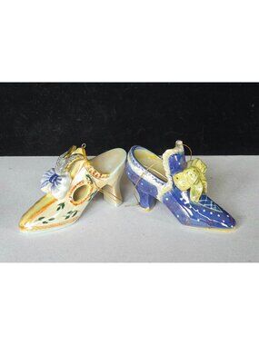Vintage Blue and Yellow Ceramic Victorian Shoe Ornaments Excellent Condition.
